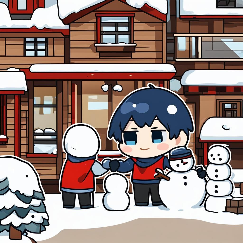 cute chibi anime boy building a snowman.