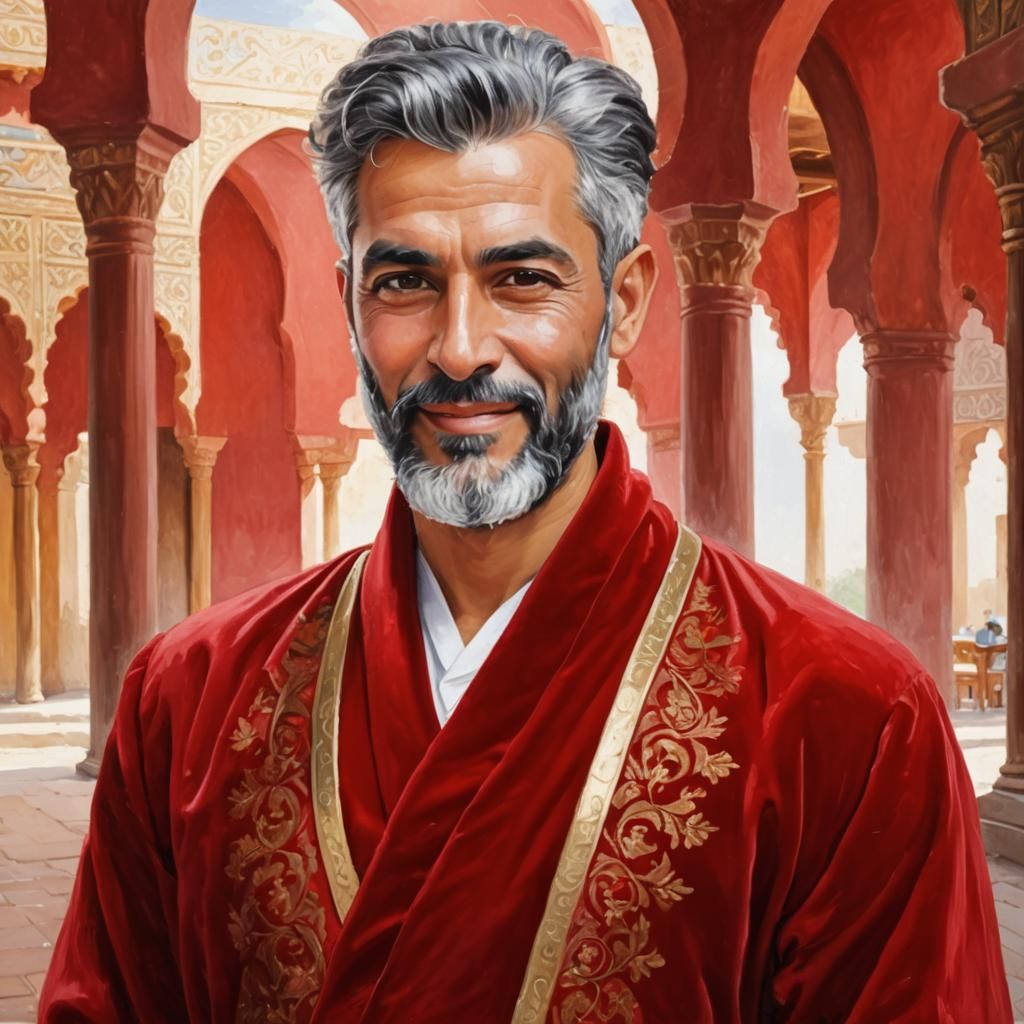 Smiling Man in Red Robe, Impasto Oil Painting