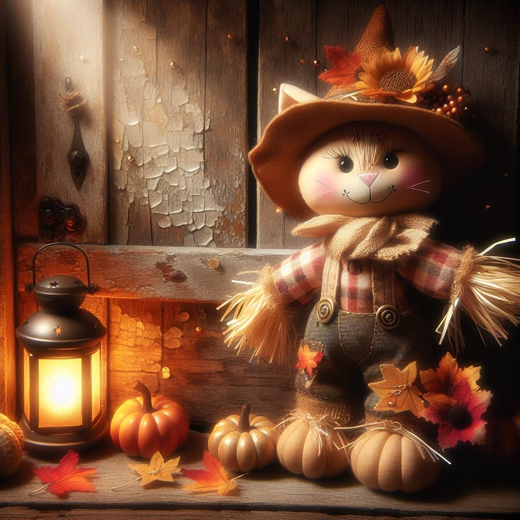 Whimsical Scarecrow Cat in Autumn Colors