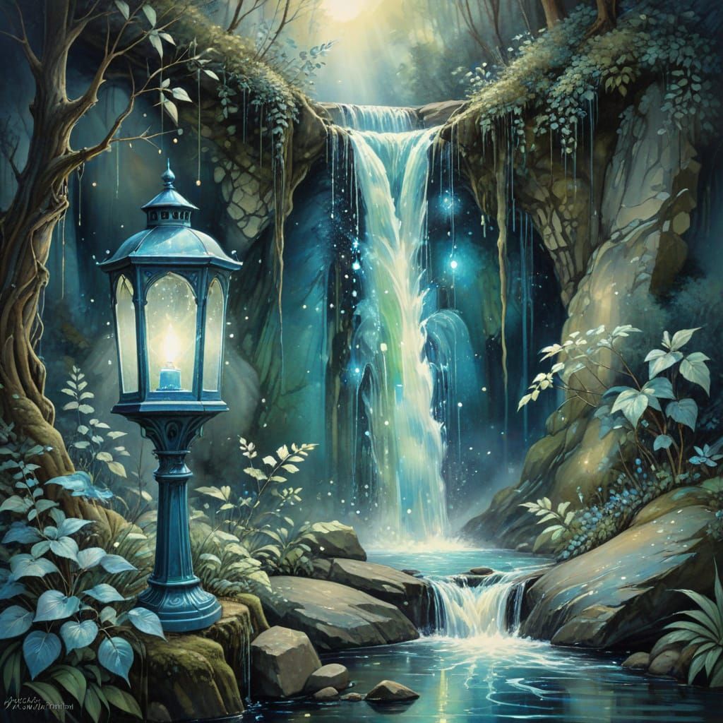 Enchanted Forest Waterfall Illuminated by Old Lantern
