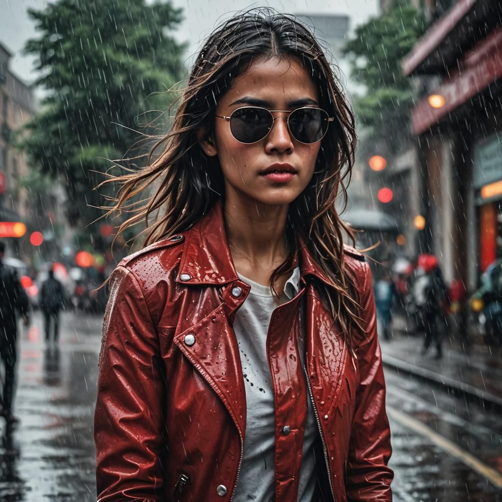 Hyperrealistic Woman in Red Jacket in the Rain