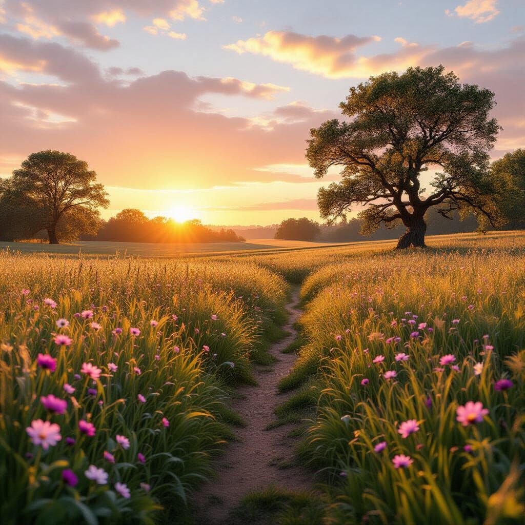 Golden Hour Field with Wildflowers: A Photorealistic Landsca...