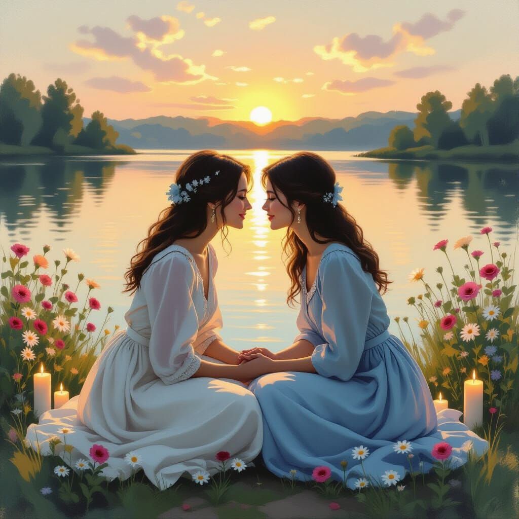 Romantic Lakeside Proposal at Sunset in Impressionistic Styl...