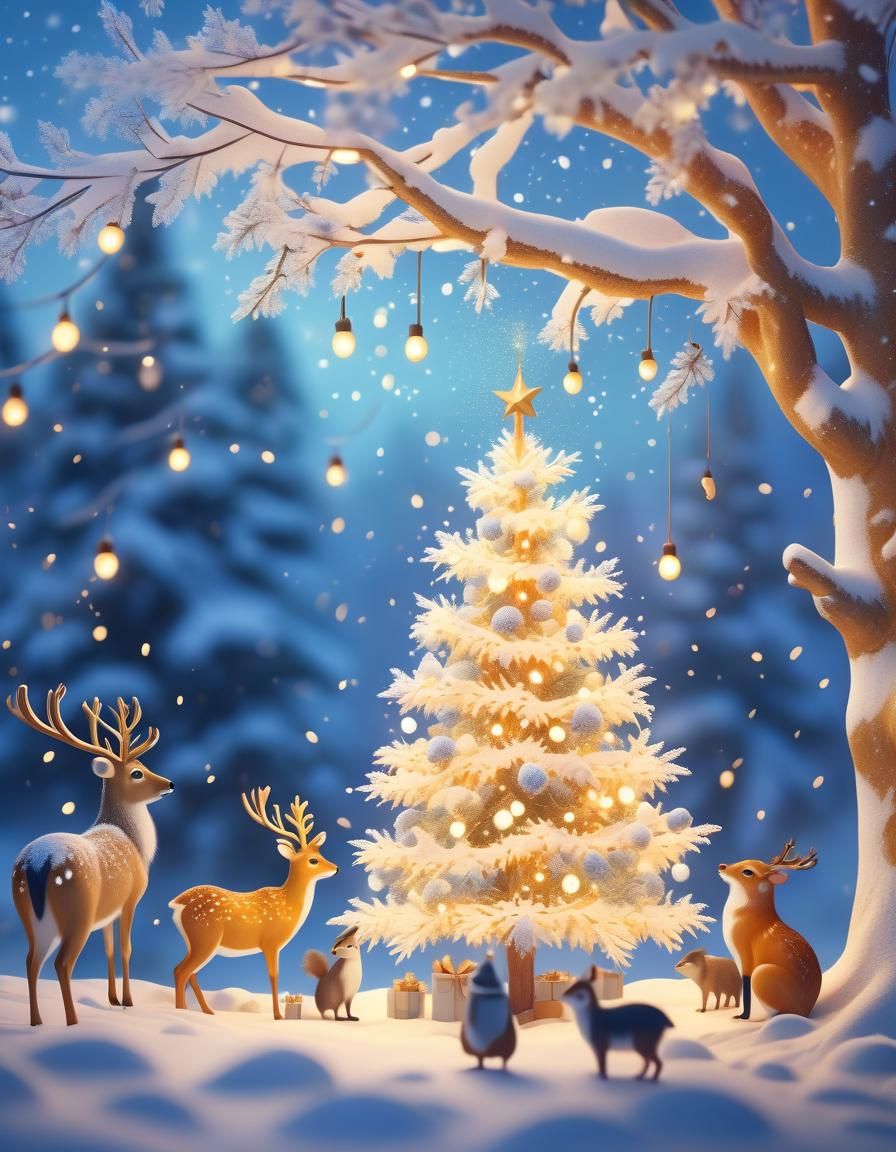 Whimsical Winter Wonderland Scene with Christmas Tree and An...