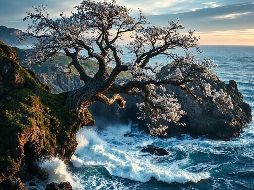 Surreal Dogwood Tree Majestically Clings to Rocky Cliff