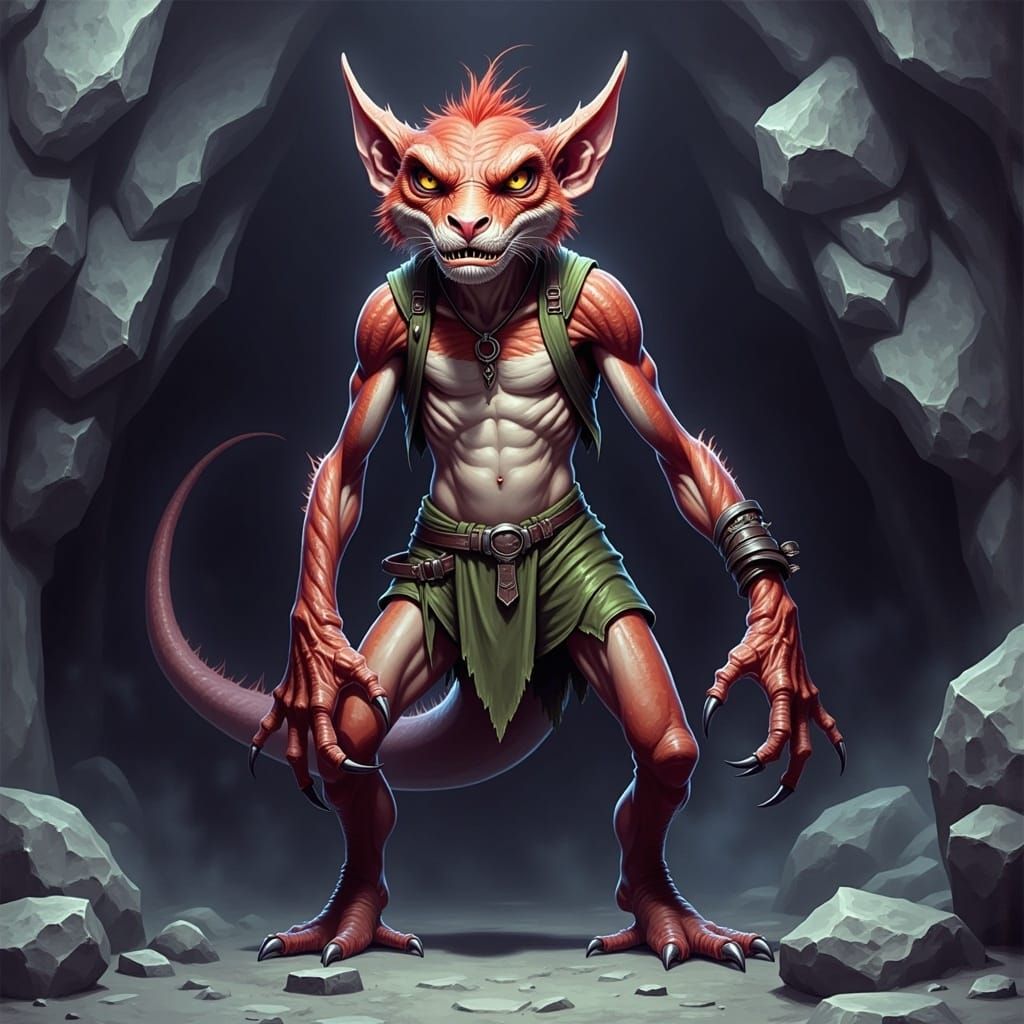 Red Kobold in Dark Cavern Fantasy Illustration