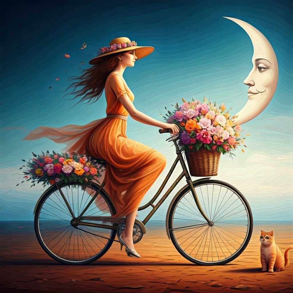 Woman on Floral Bicycle in Surrealist Dreamscape