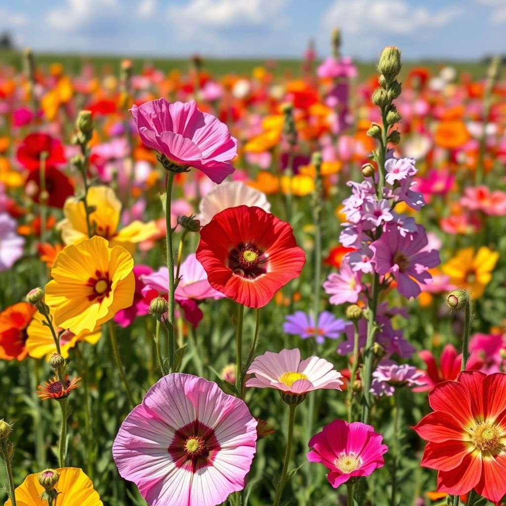 Colorful Hollyhock and Rose Mallow Field