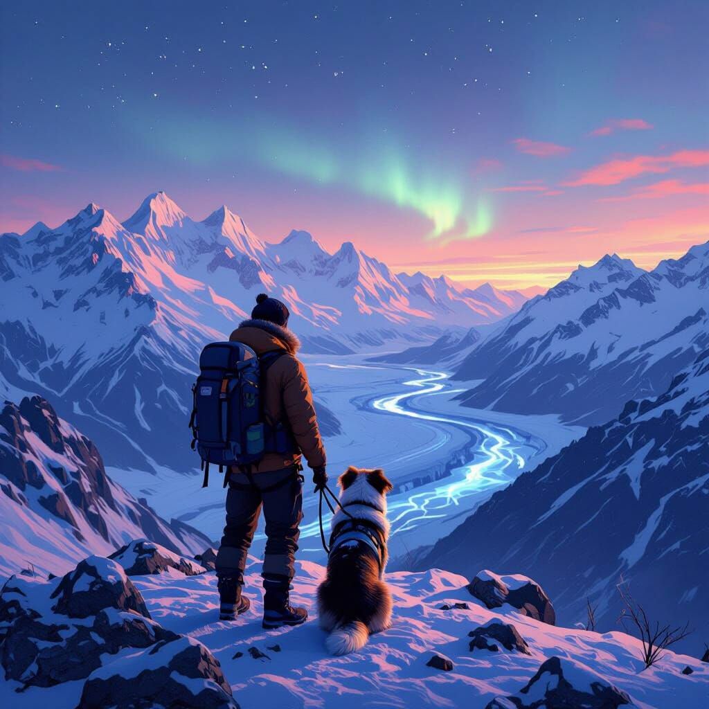 Alaskan Vista: Man, Dog, and Aurora in Hyperrealism