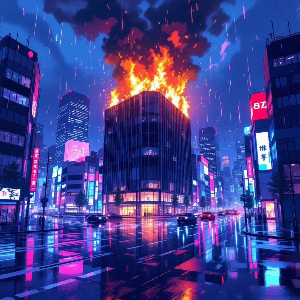 Anime Cityscape: Burning Building Amidst Neon Lights