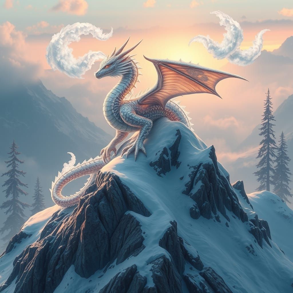 Crystal Dragon on Snowy Peak in Art Nouveau Style