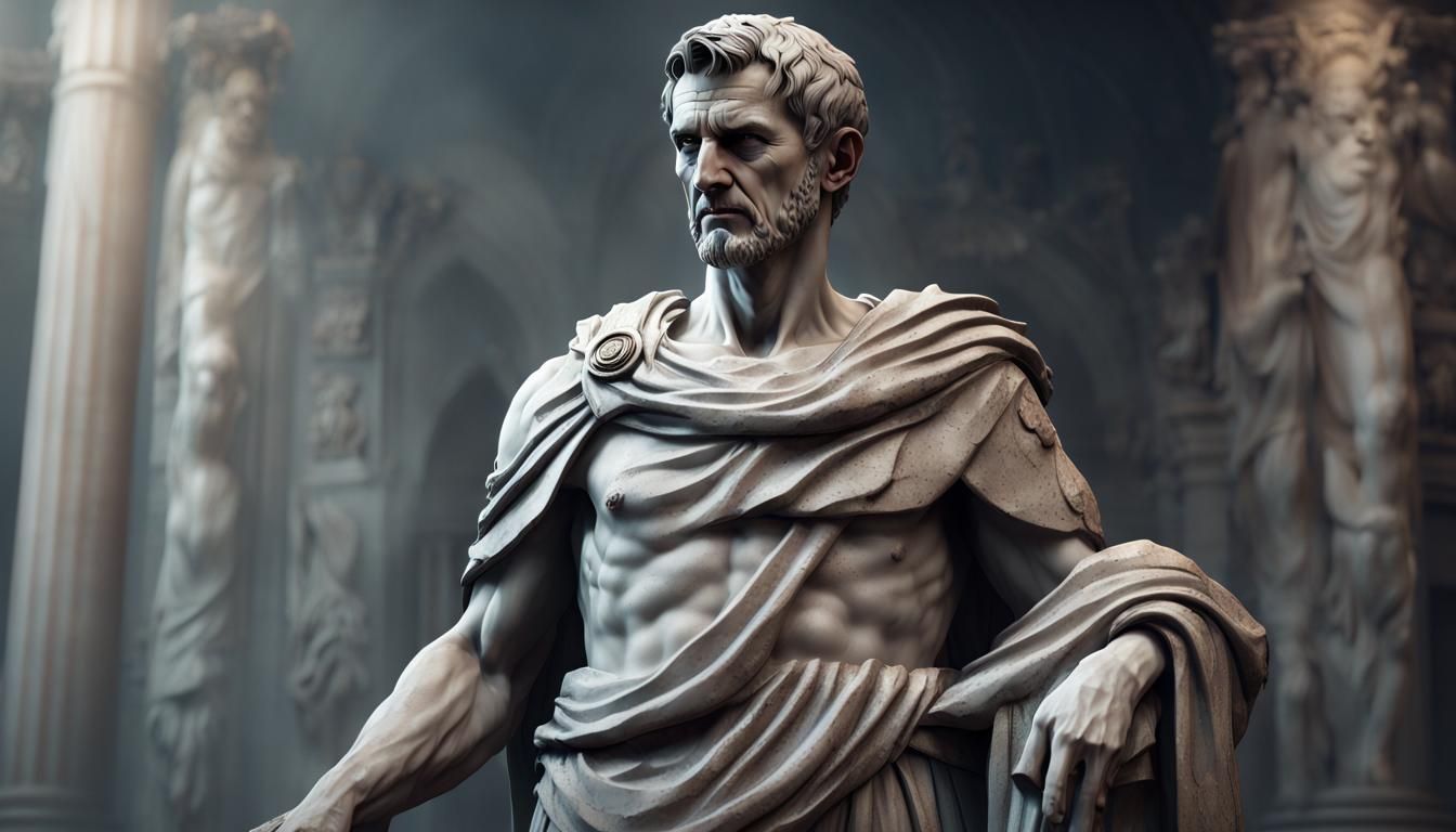 Stoic Caesar Marble Statue in Dark Crypt