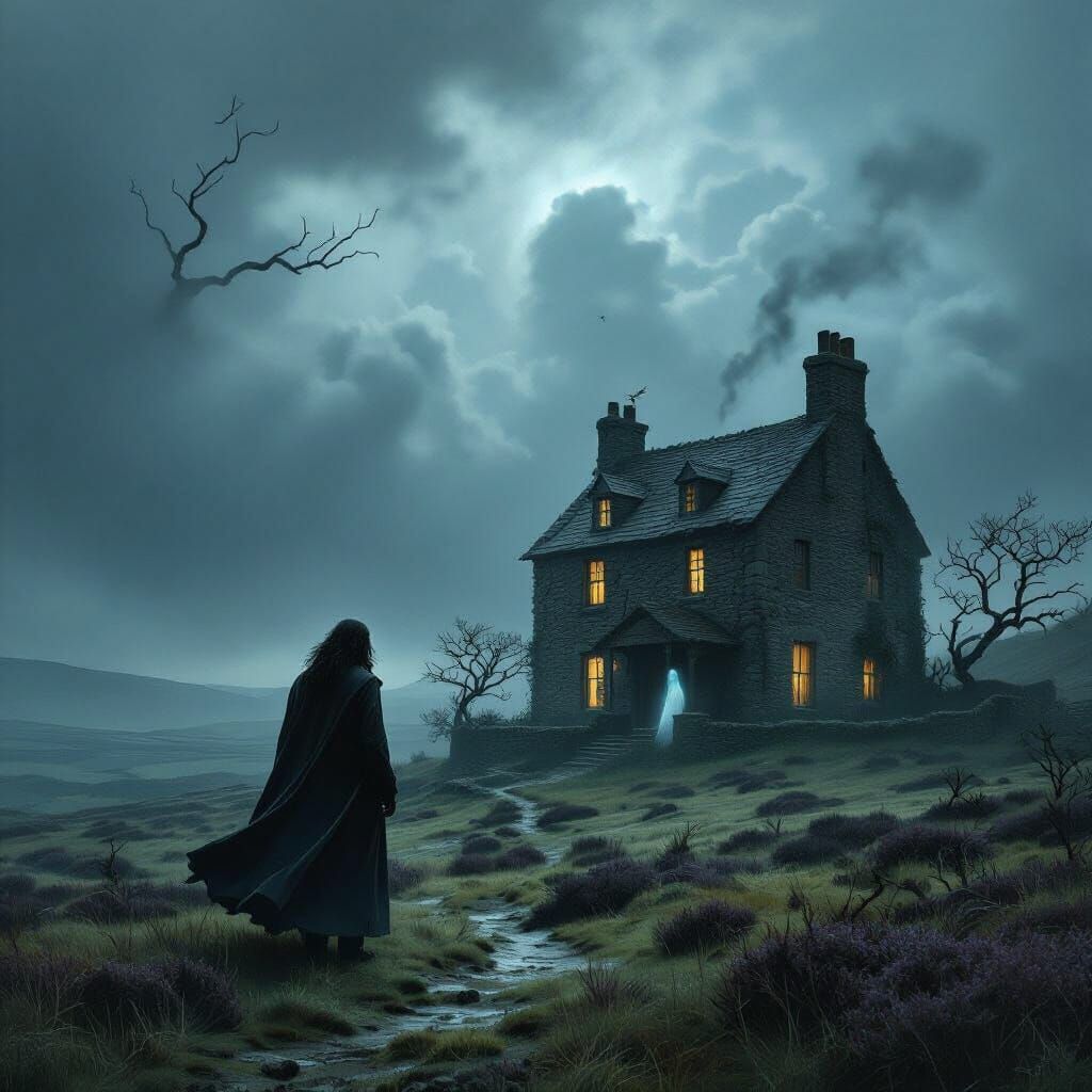 Gothic Moorland Scene with Heathcliff and Wuthering Heights