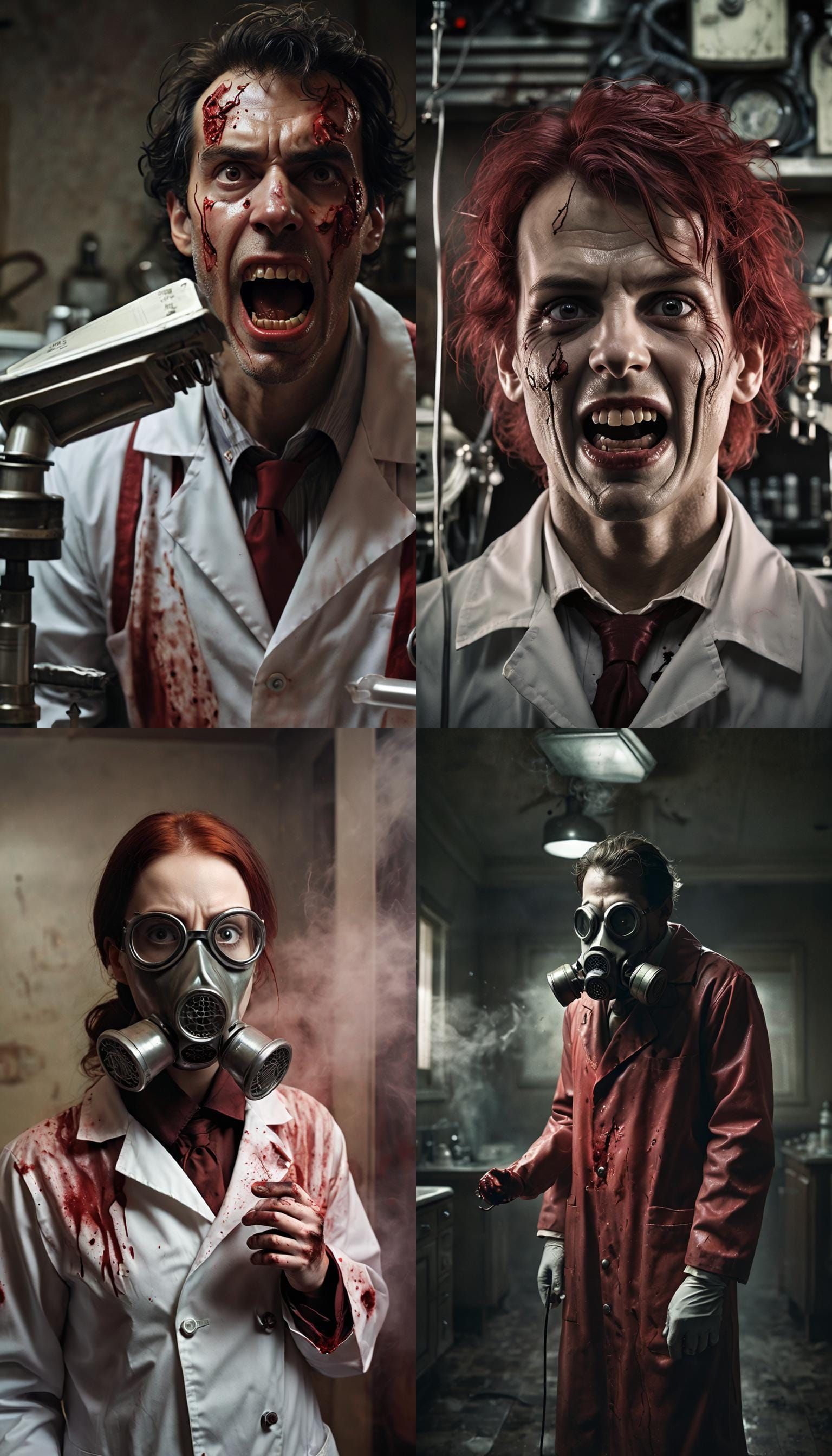 "Deranged Dentist; foaming at the mouth dressed in crimson lab coat. Gas (masked:1.2)." finalRender Horror 8k resolution...