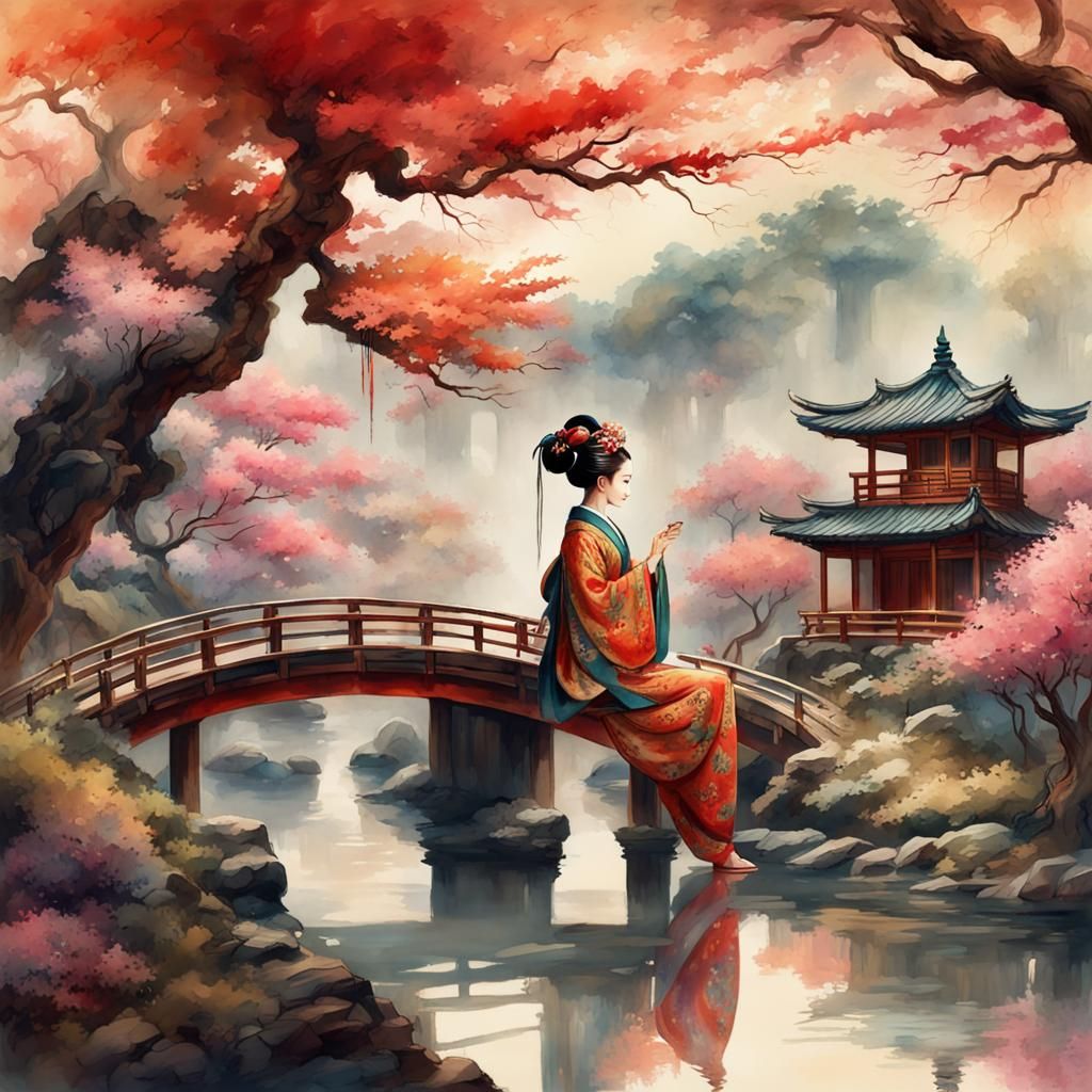 Vintage Scroll: Geisha Tea Ceremony in Watercolor