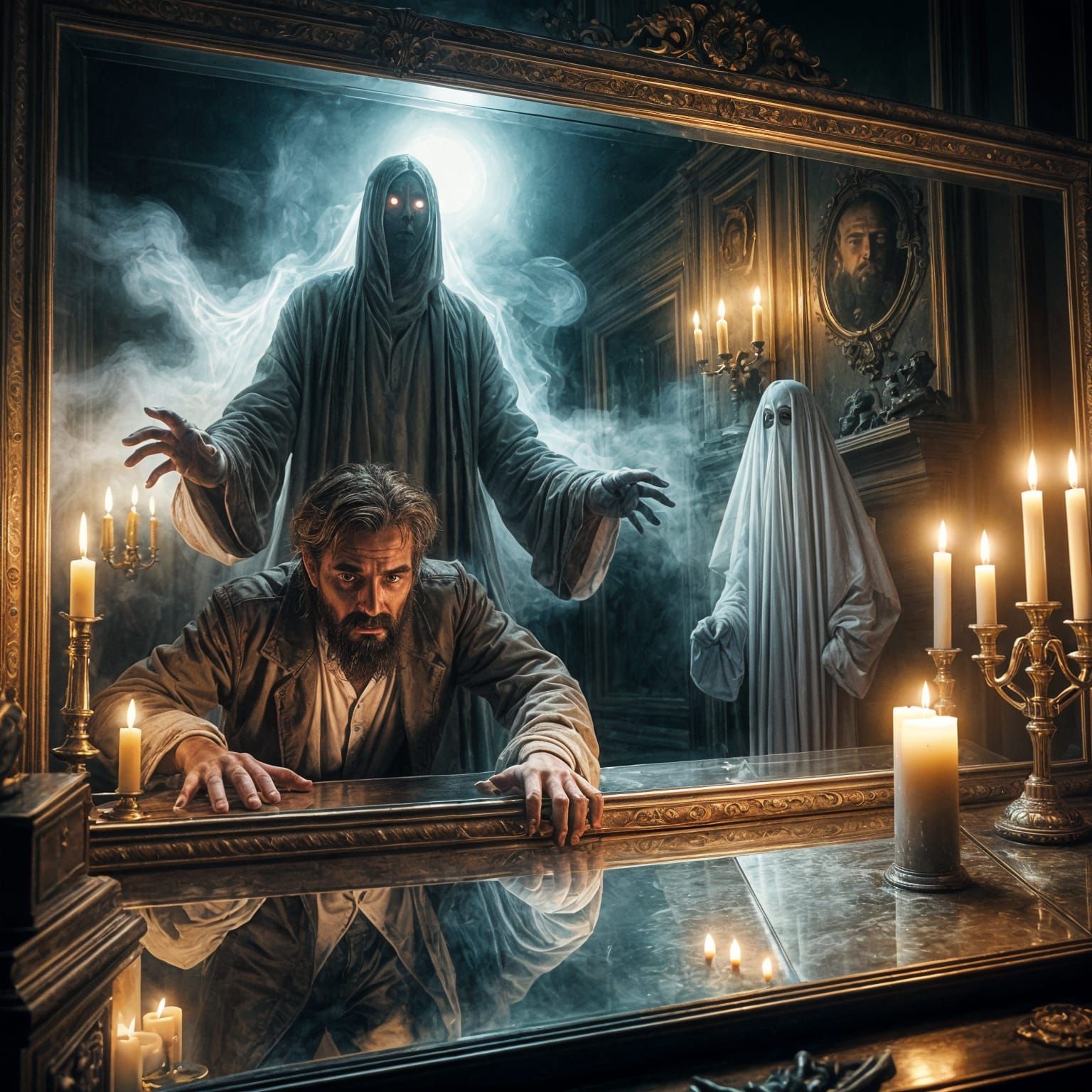 Eldritch Horror Figure Emerges from Old Mirror