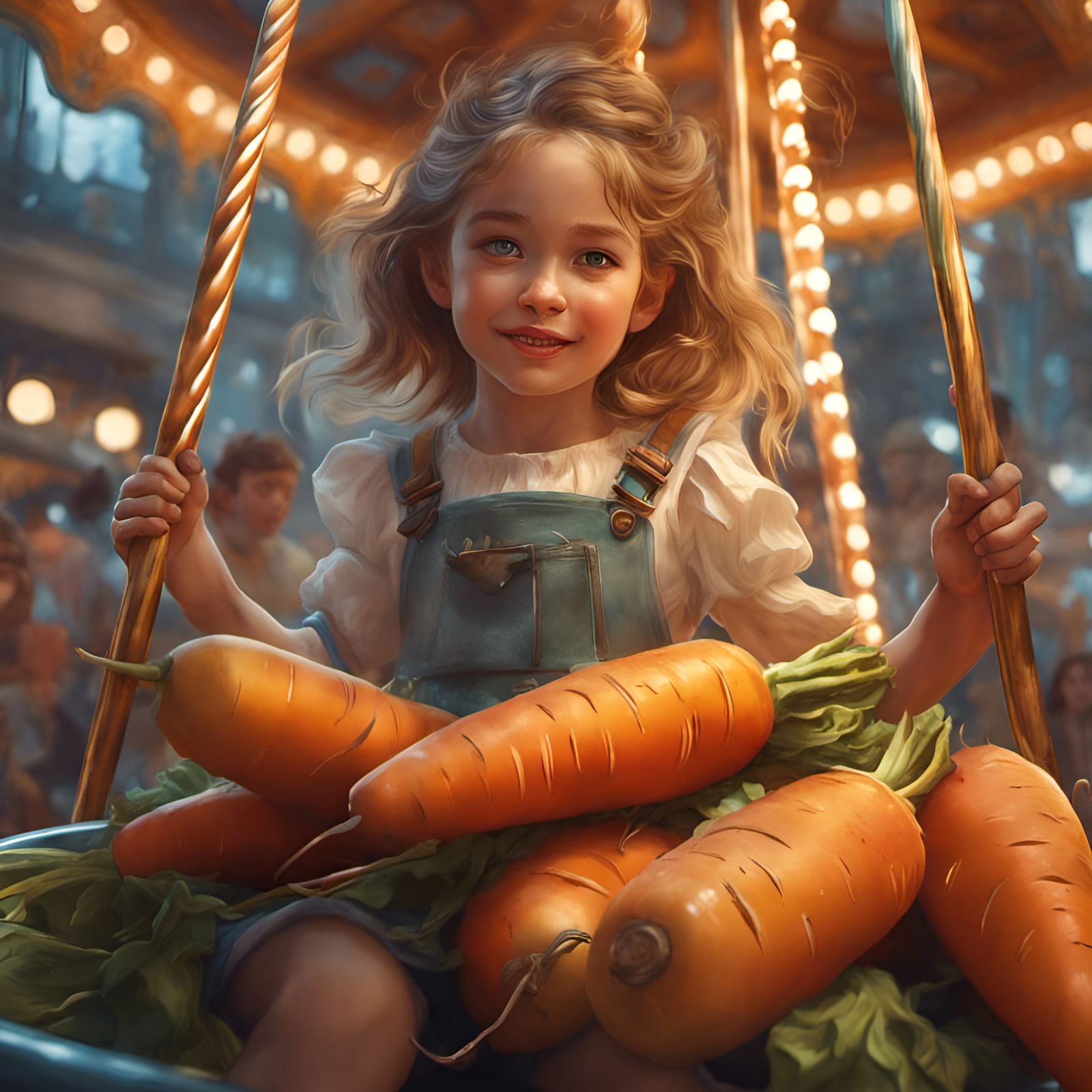 Girl Rides Carrot Carousel in Pixar Style