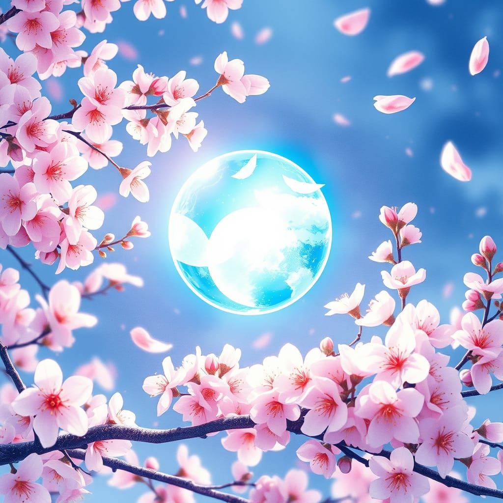 Glowing Blue Orb with Cherry Blossoms: Anime Style