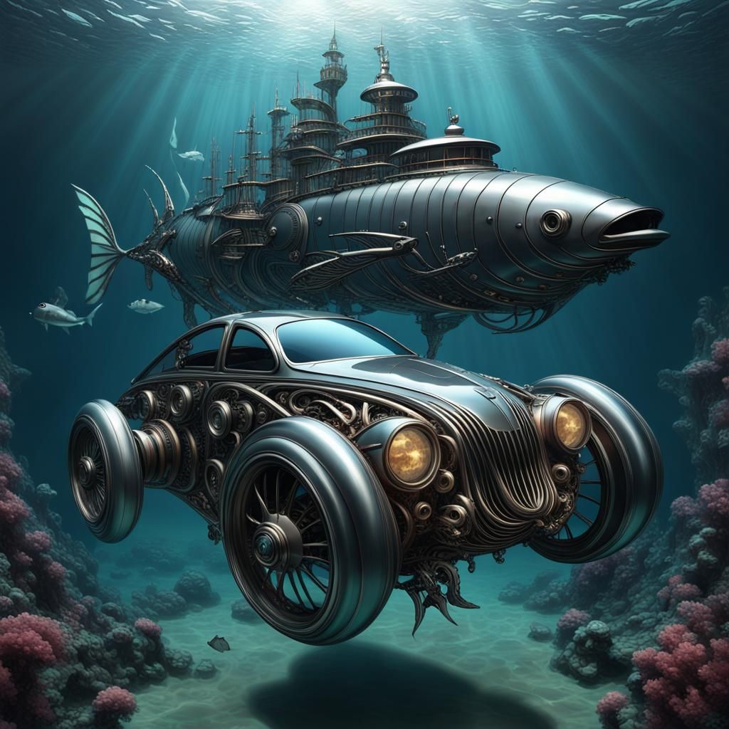 a gothic whimsical classic car  diving down the ocean