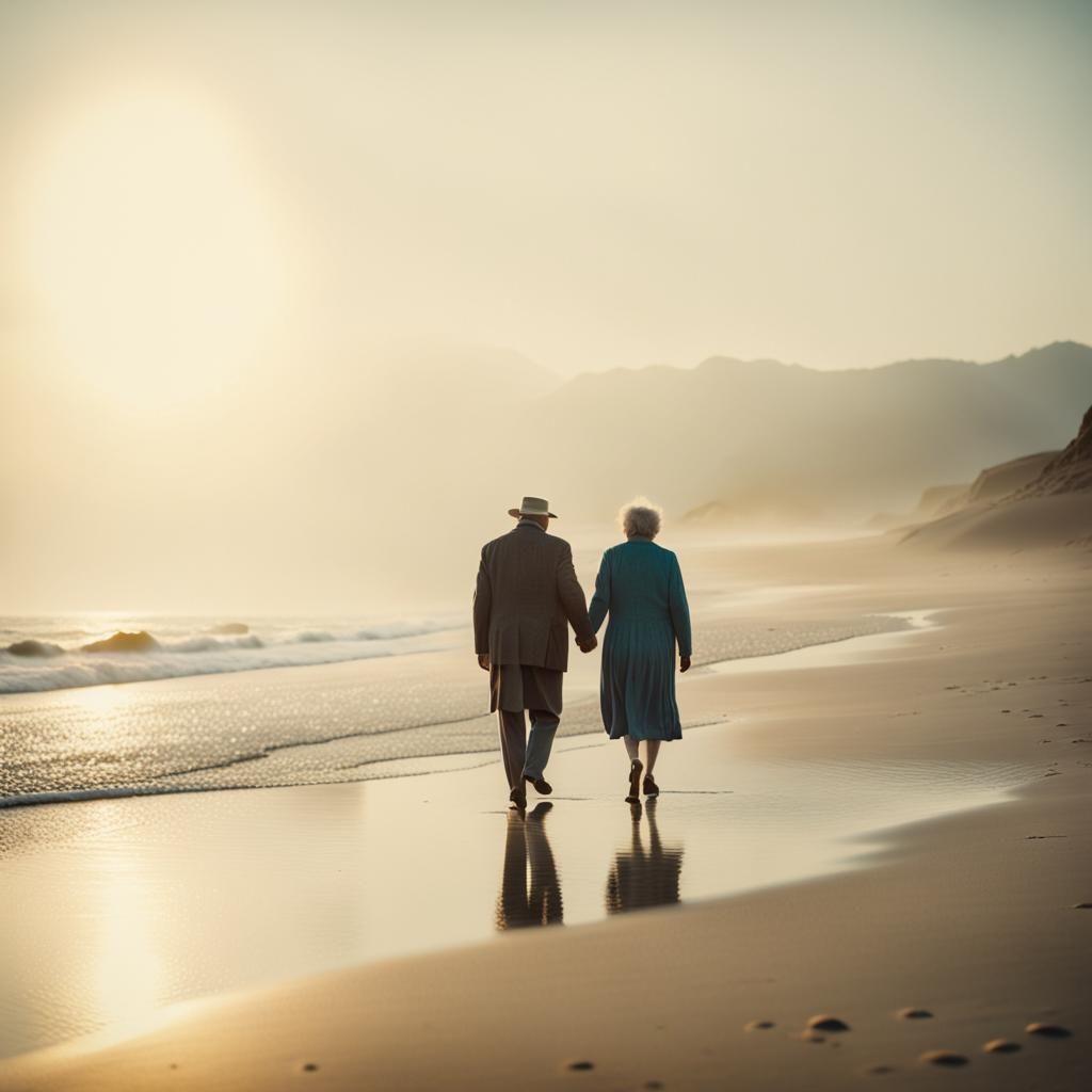 Elderly Lovers Stroll Hand in Hand on Deserted Beach at Suns...