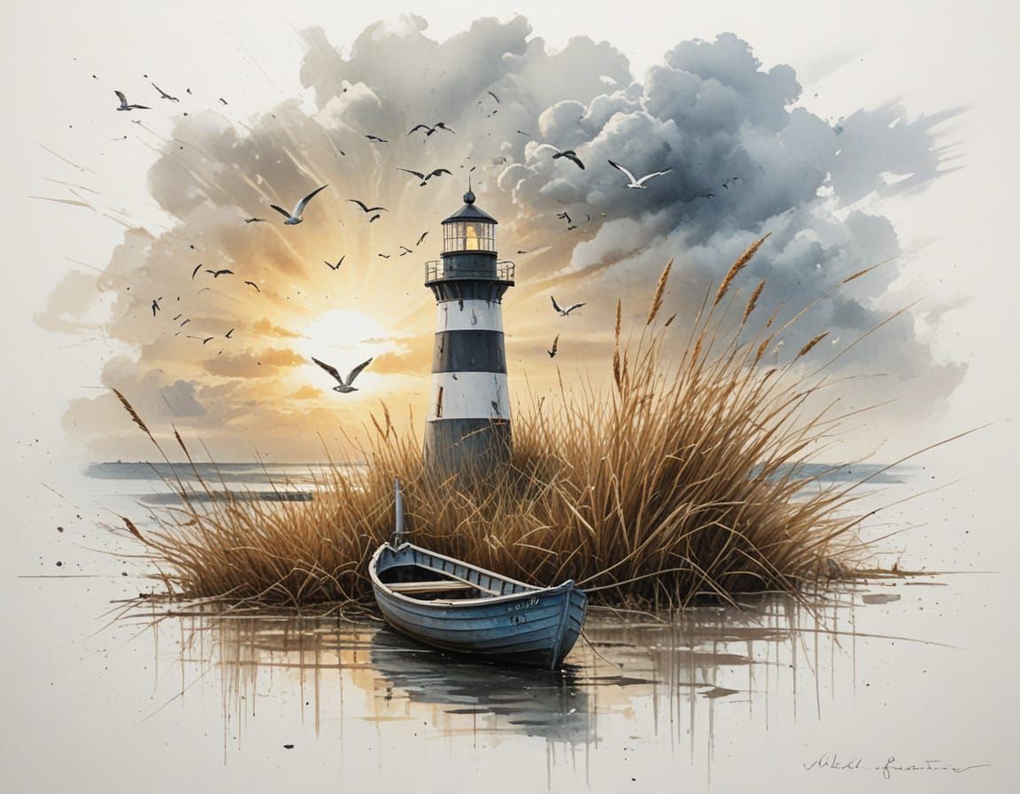 Coastal Lighthouse Under Dramatic Sky, Painterly Realism