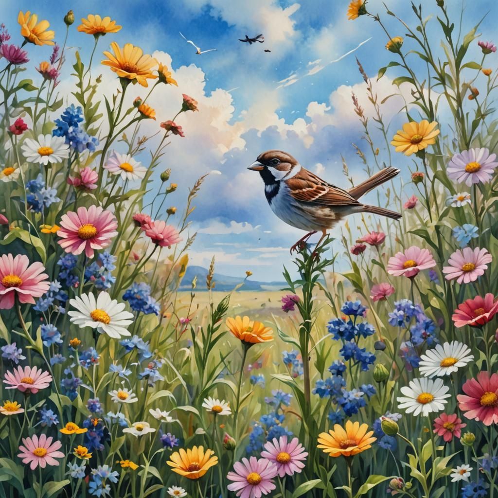 Sparrow in Wildflower Field: Watercolor Landscape