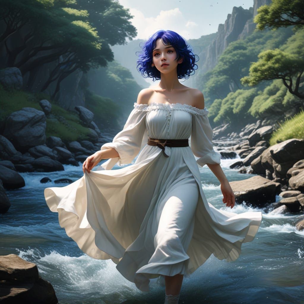 Ethereal Elf Maiden Leaps Over Serene River Landscape