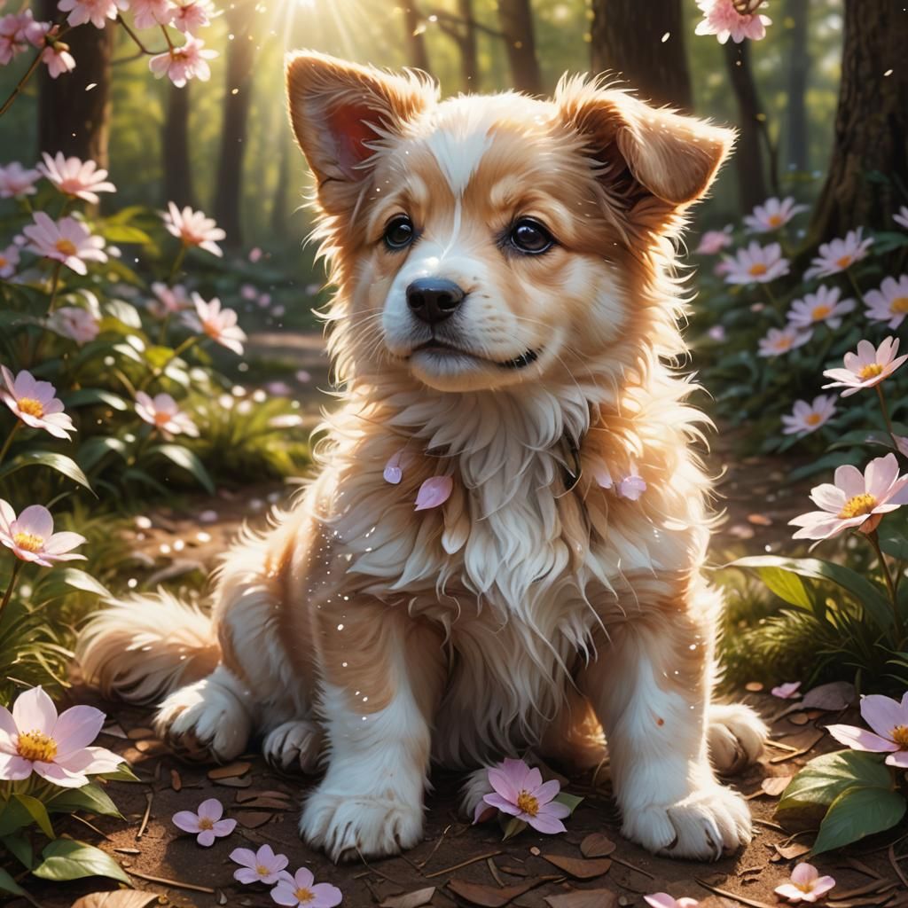 Adorable Puppy in a Magical Sakura Garden
