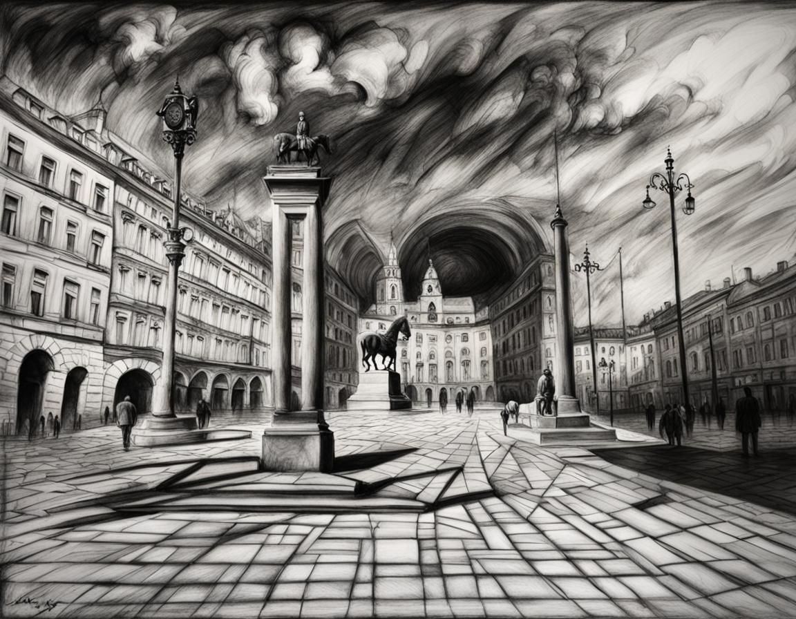 Ban Jelačić Statue in Zagreb: Hyperdetailed Charcoal Drawing