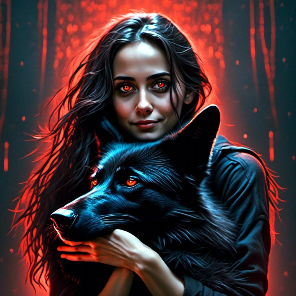 Woman's Heartfelt Embrace with a Black Wolf