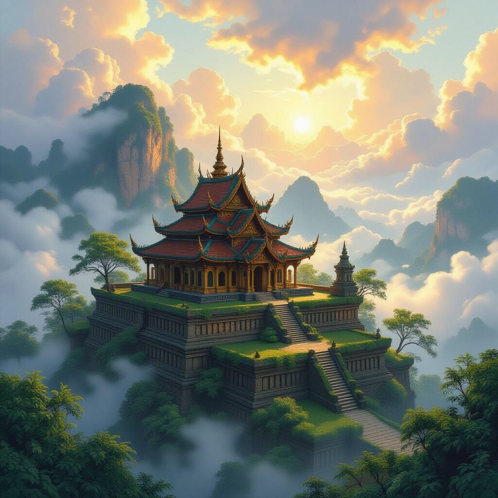Misty Mountain Thai Temple in Golden Sunlight