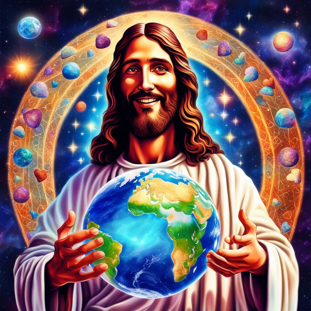 Jesus Christ Smiling, Holding Earth: Cosmic Illustration