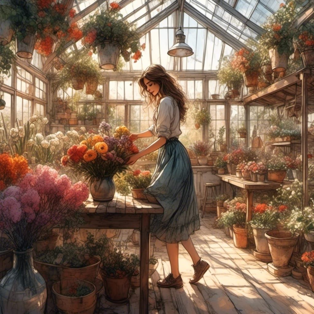 Anime Girl Arranging Flowers in Greenhouse