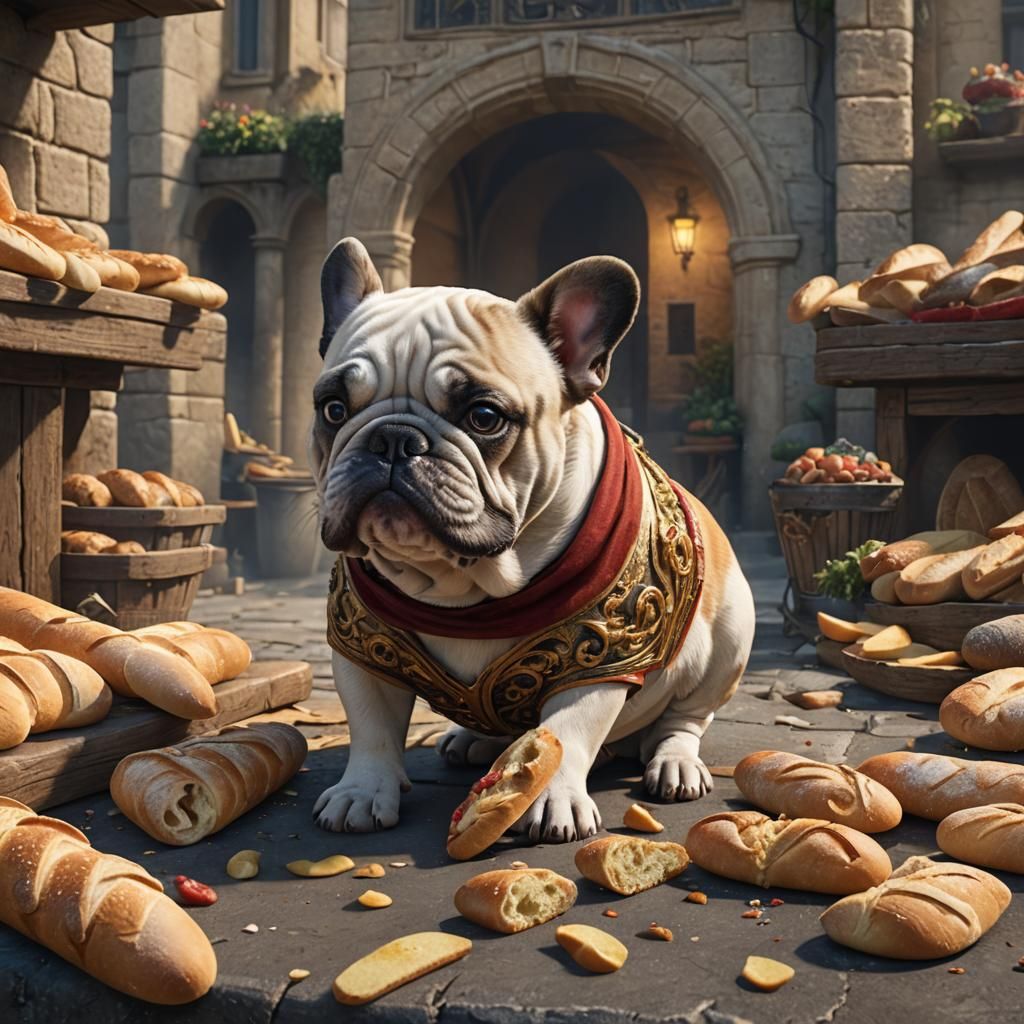 Bulldog Frank Eating Baguette: Detailed Matte Painting