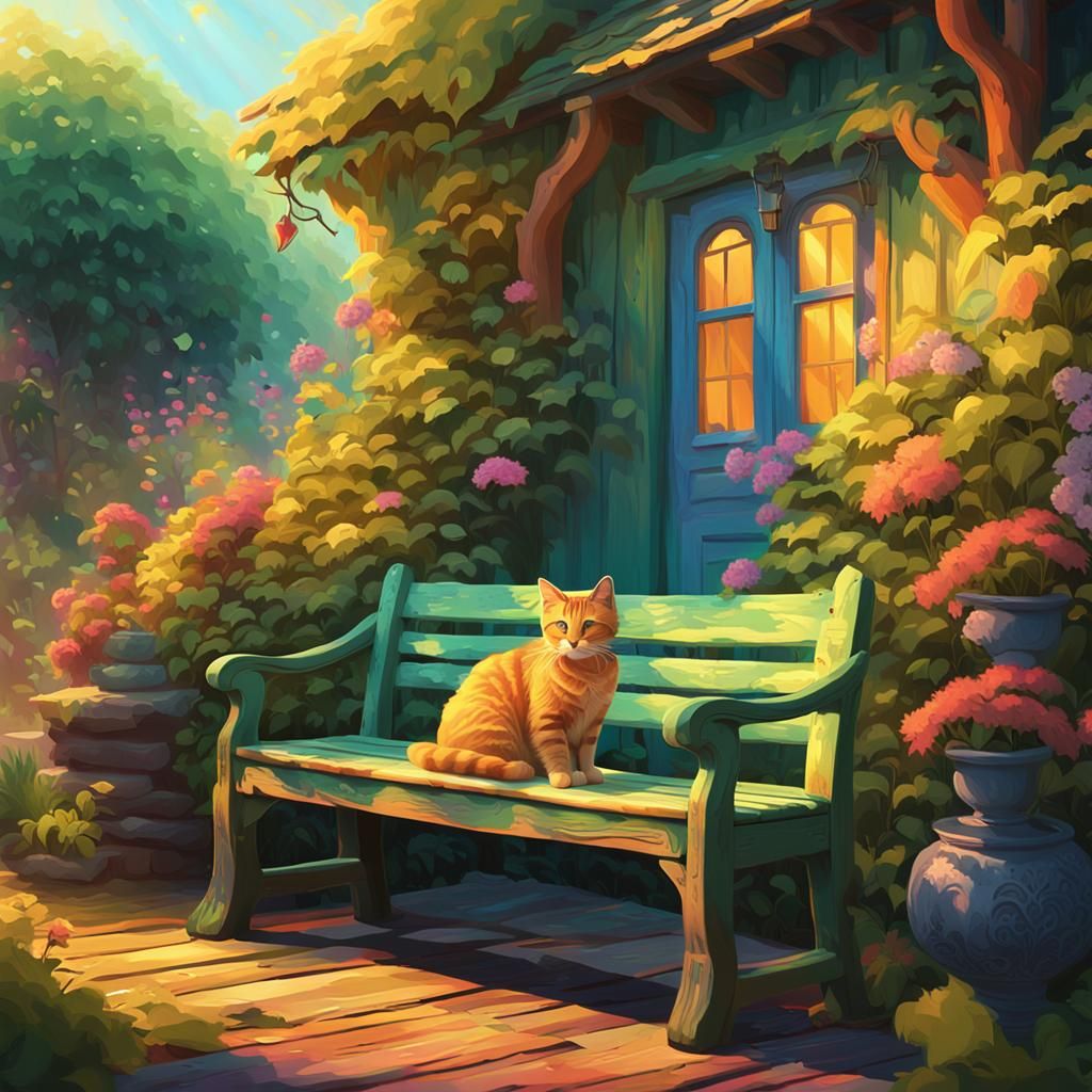 Cat in Cottage Garden: Fauvist Digital Painting