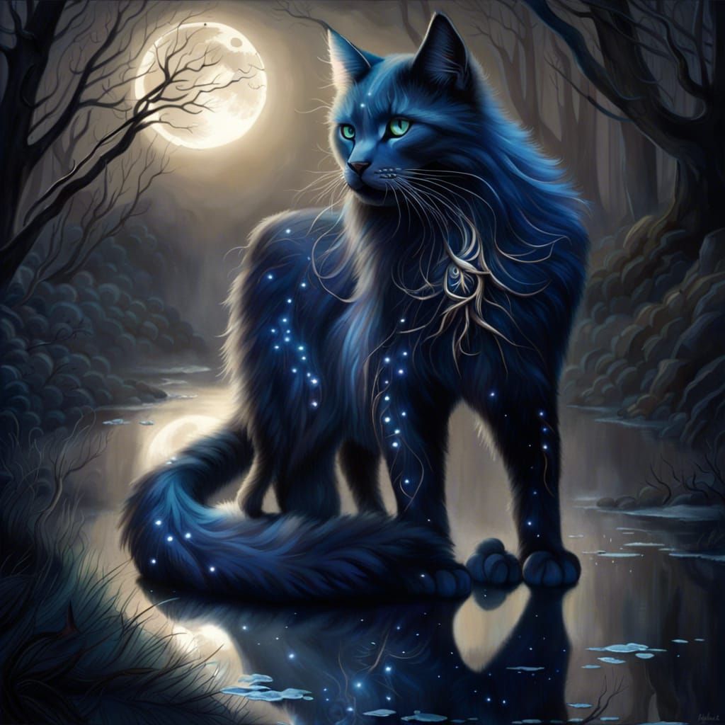 Ethereal Feline: Zephyr in Moonlit Forest