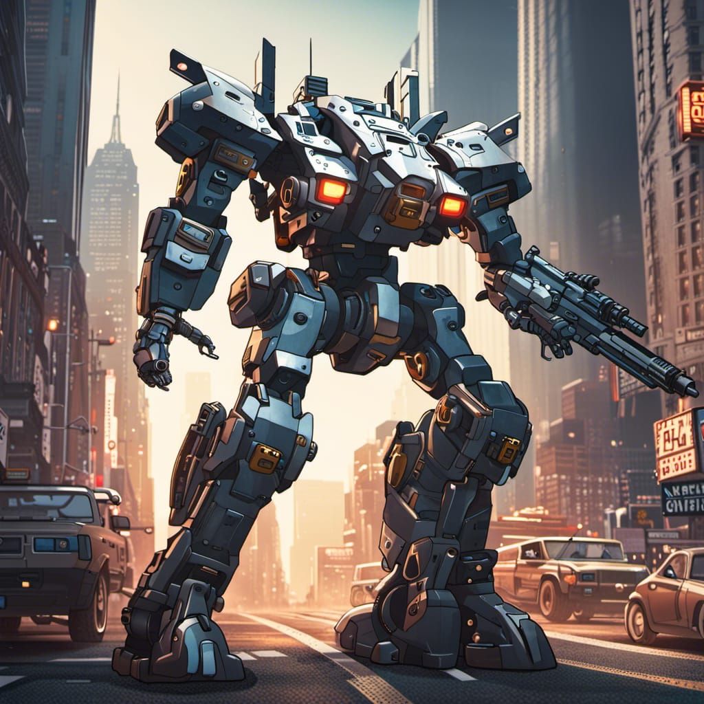 Super Mecha with sniper rifle defending the city