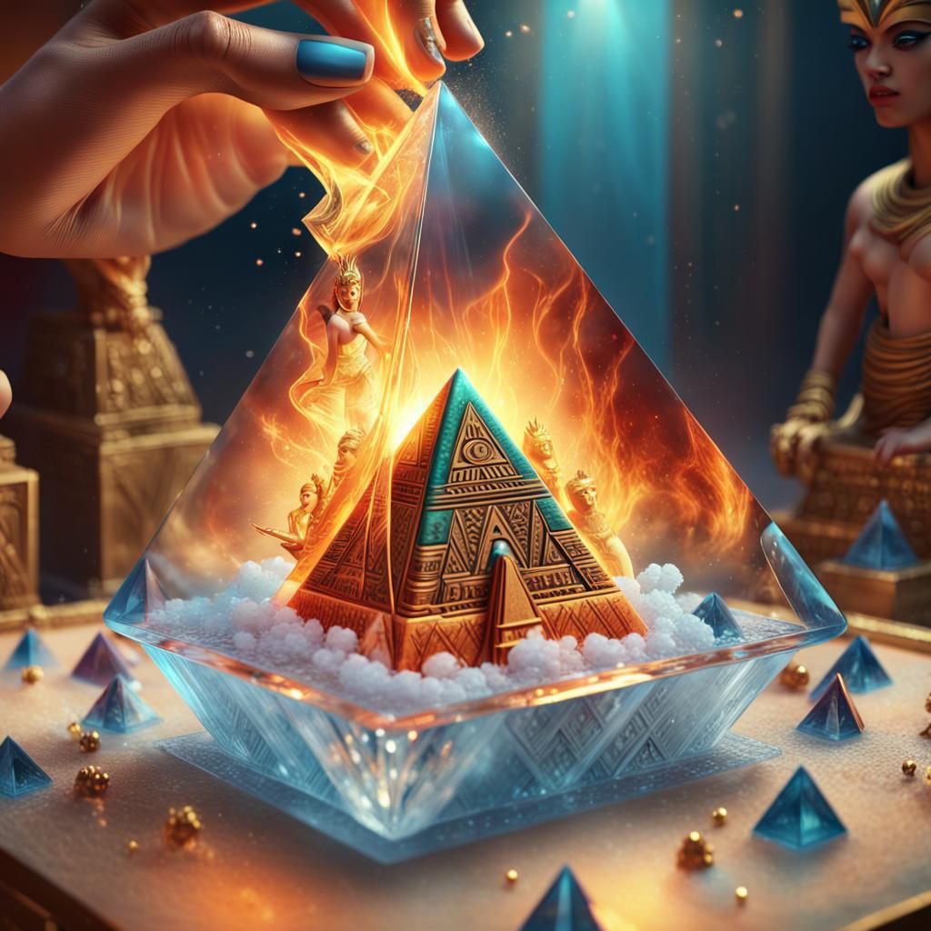 Pyramid Ice Cube with Egyptian Goddess and Flames