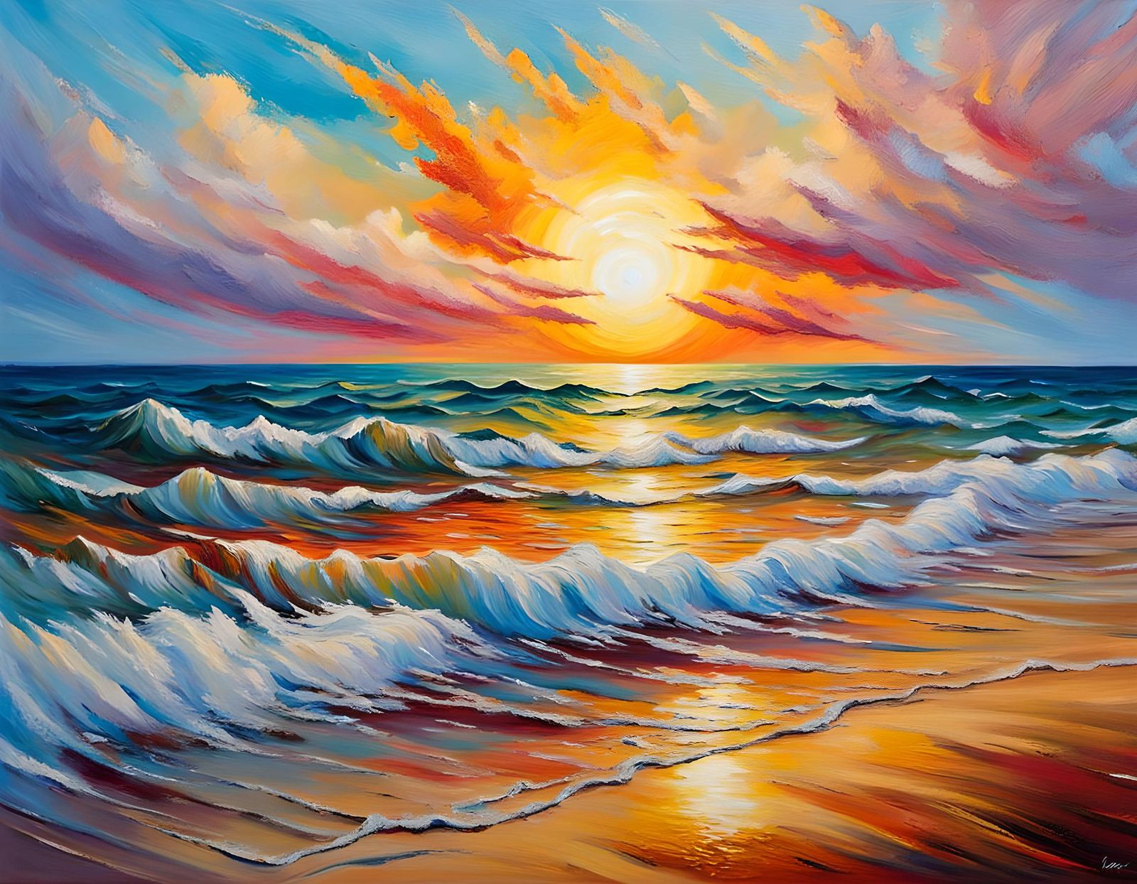 Impressionistic Beach Sunrise in Colorful Impasto