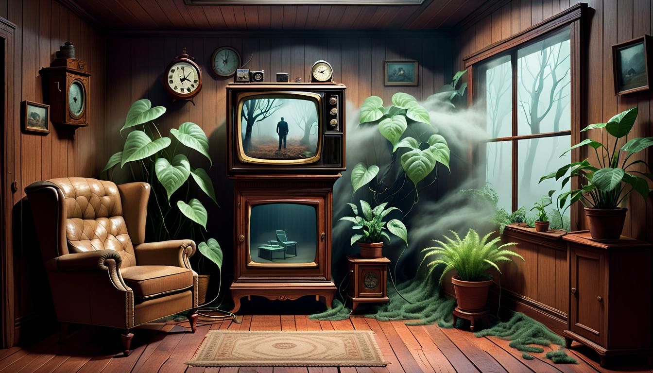 Surreal Living Room with Upside Down Cityscape