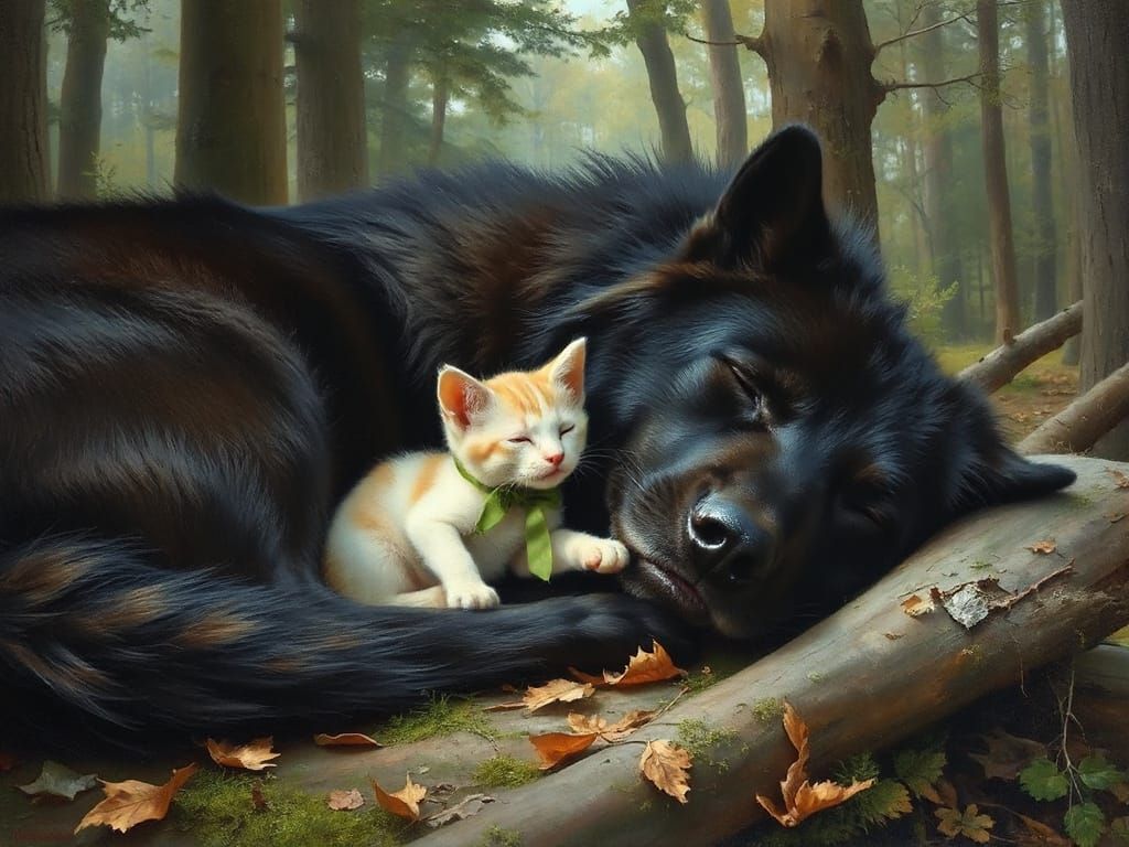 Giant Black Wolf Cradles Slept Kitten in Forest