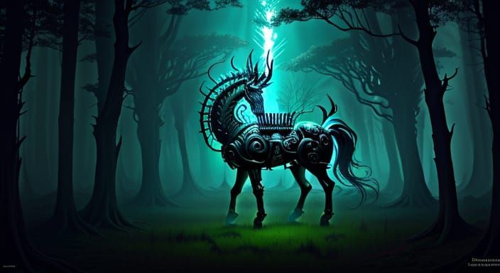 Fantasy Carousel in Dark Forest, Surreal Digital Art