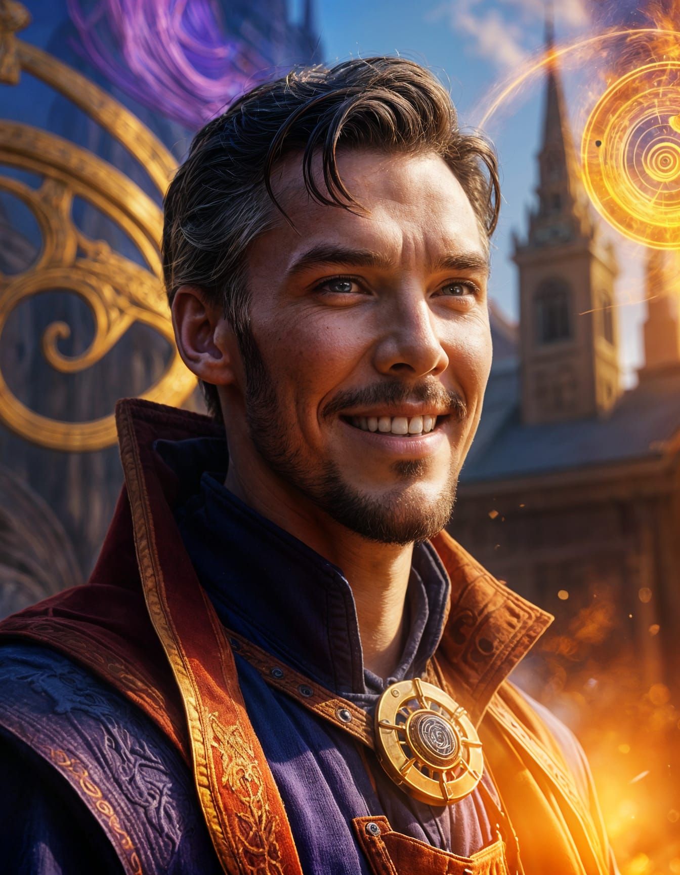 close up, Dr Strange smiling at a colorful portal