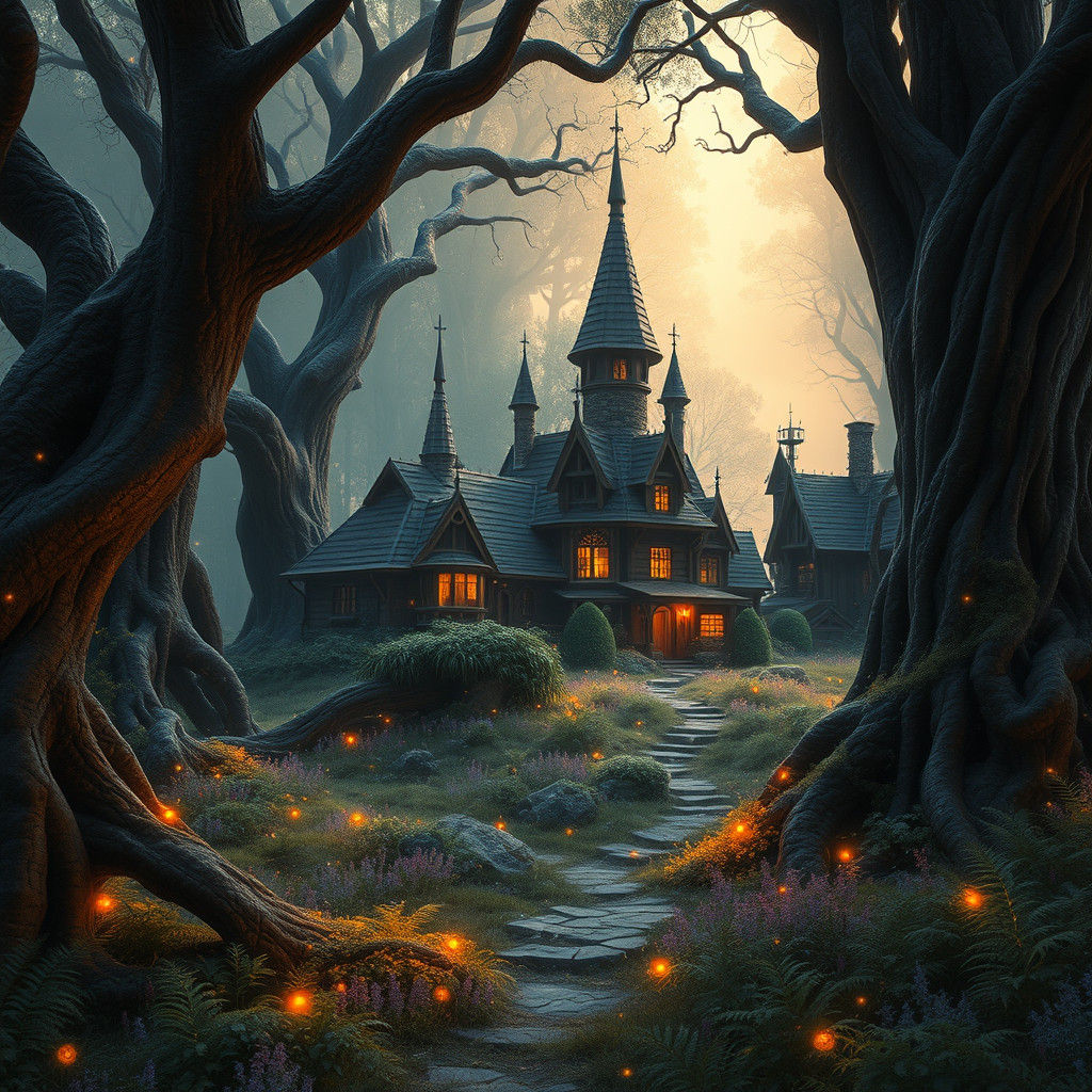 Enchanted Village in Whimsical Forest Landscape