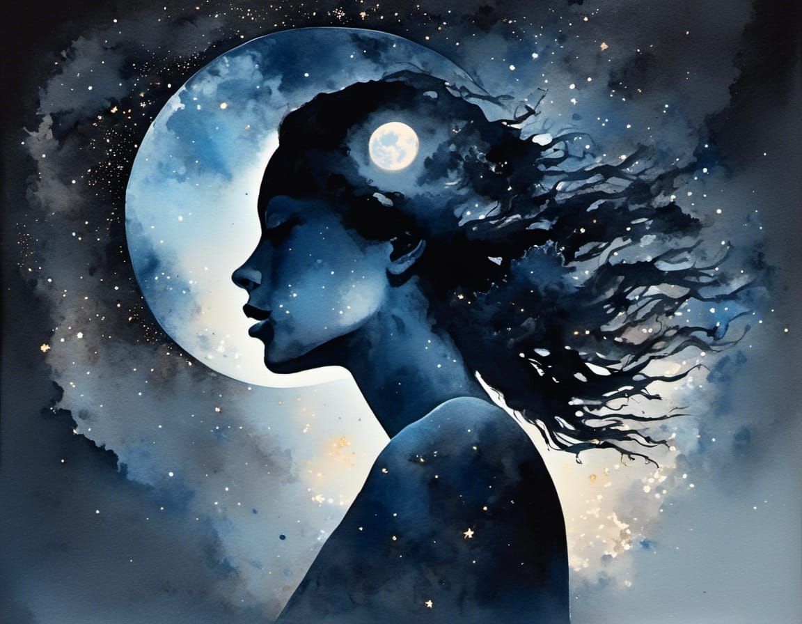 Watercolor Woman Howling at Moon with Galaxy