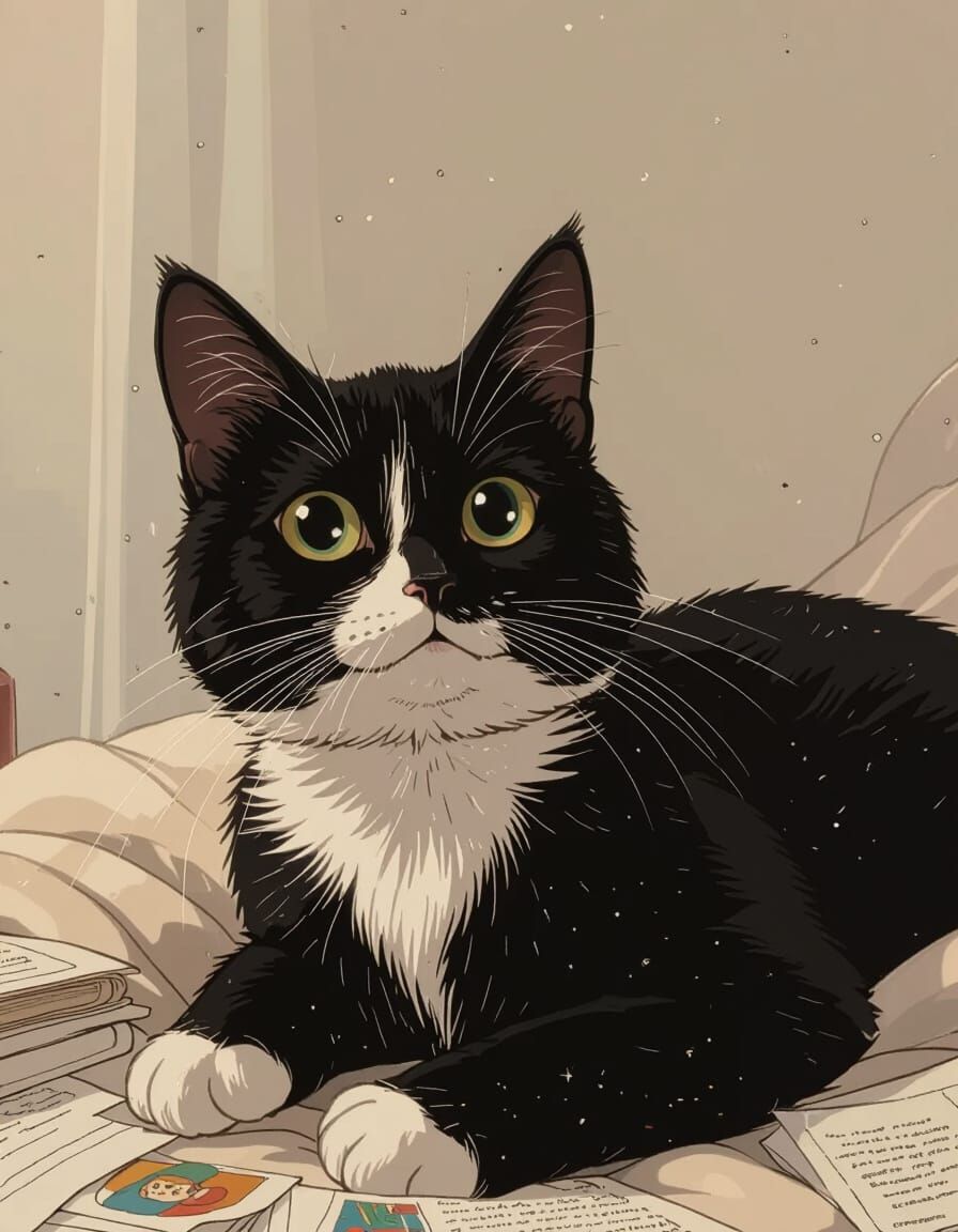 Black and White Cat Gazing Upward in Anime Style