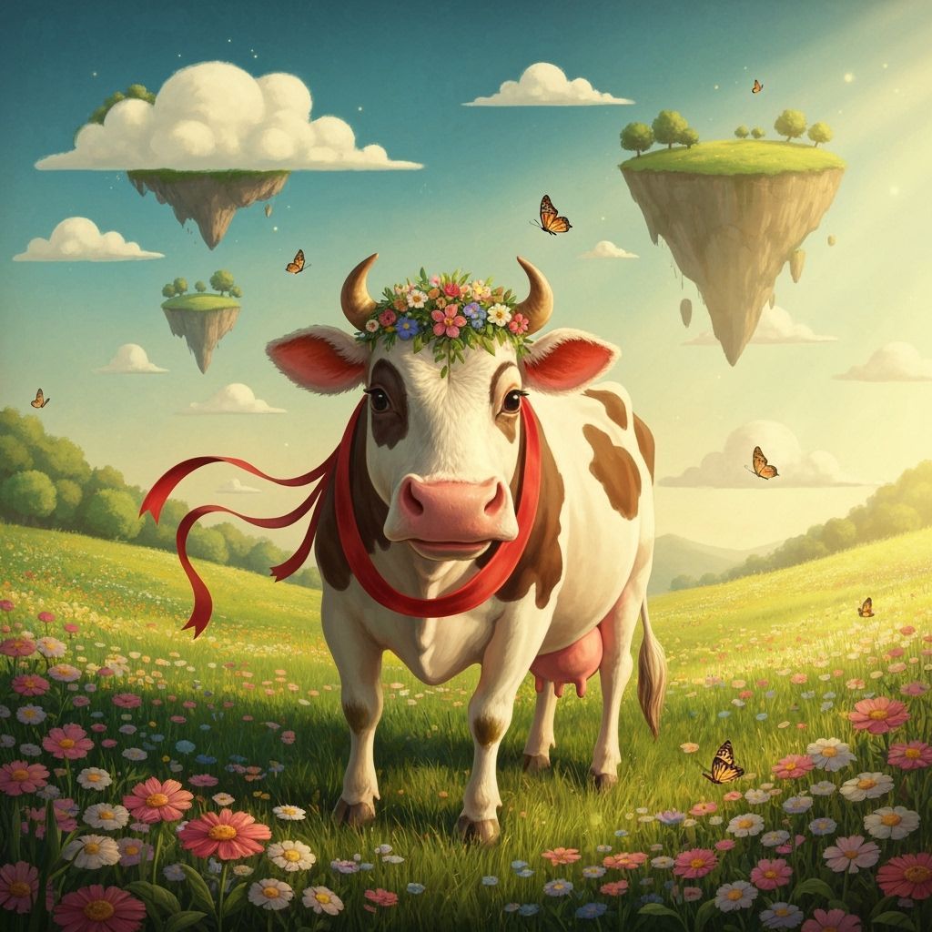 Whimsical Cow in a Vibrant Floral Landscape