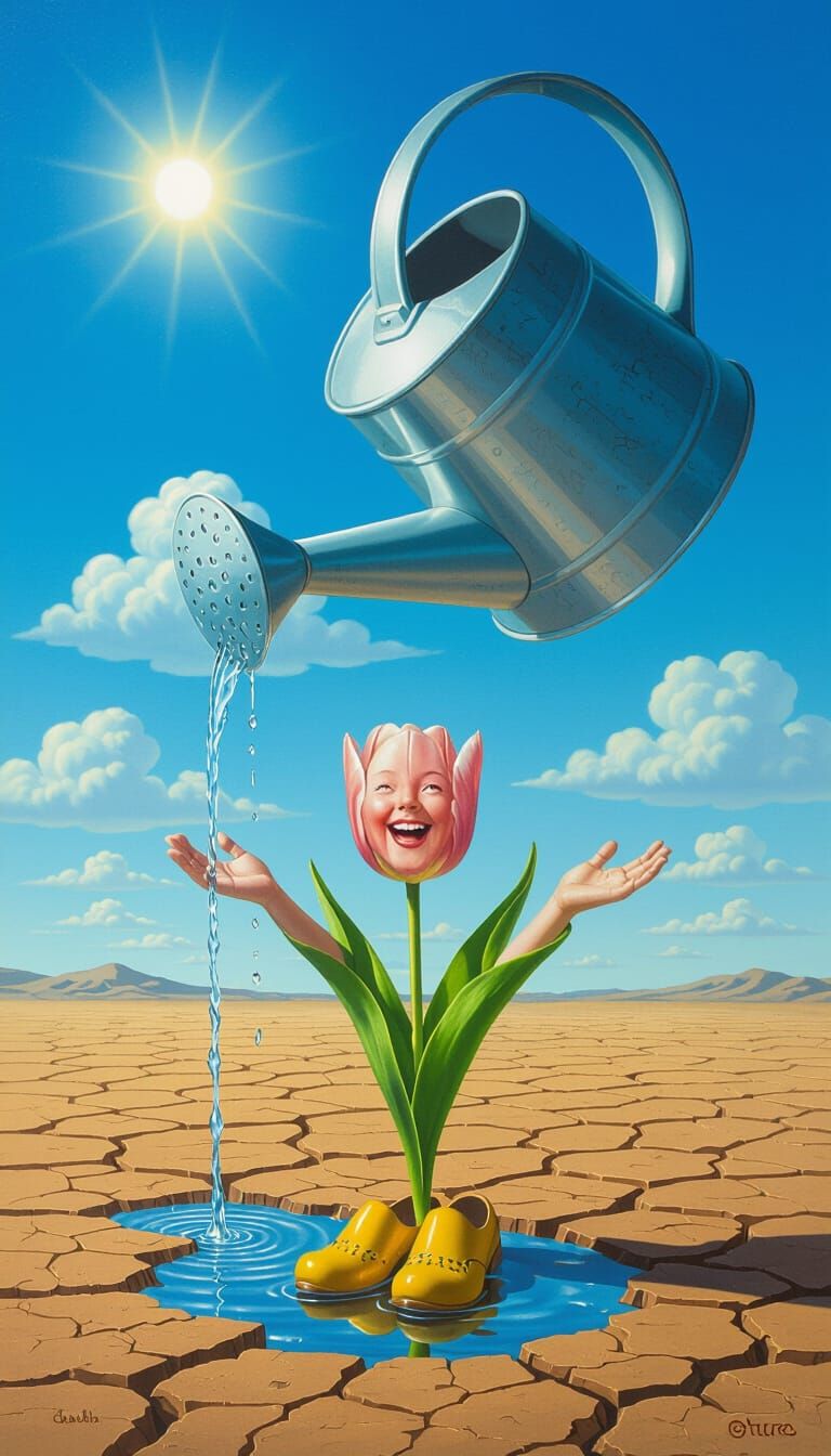 Surreal Watering Can Cloud Irrigates Joyful Tulip