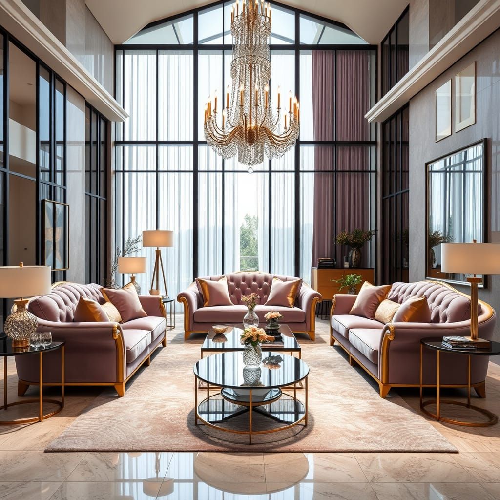 Elegant Modern Living Room with Iron, Glass, and Plush Furni...