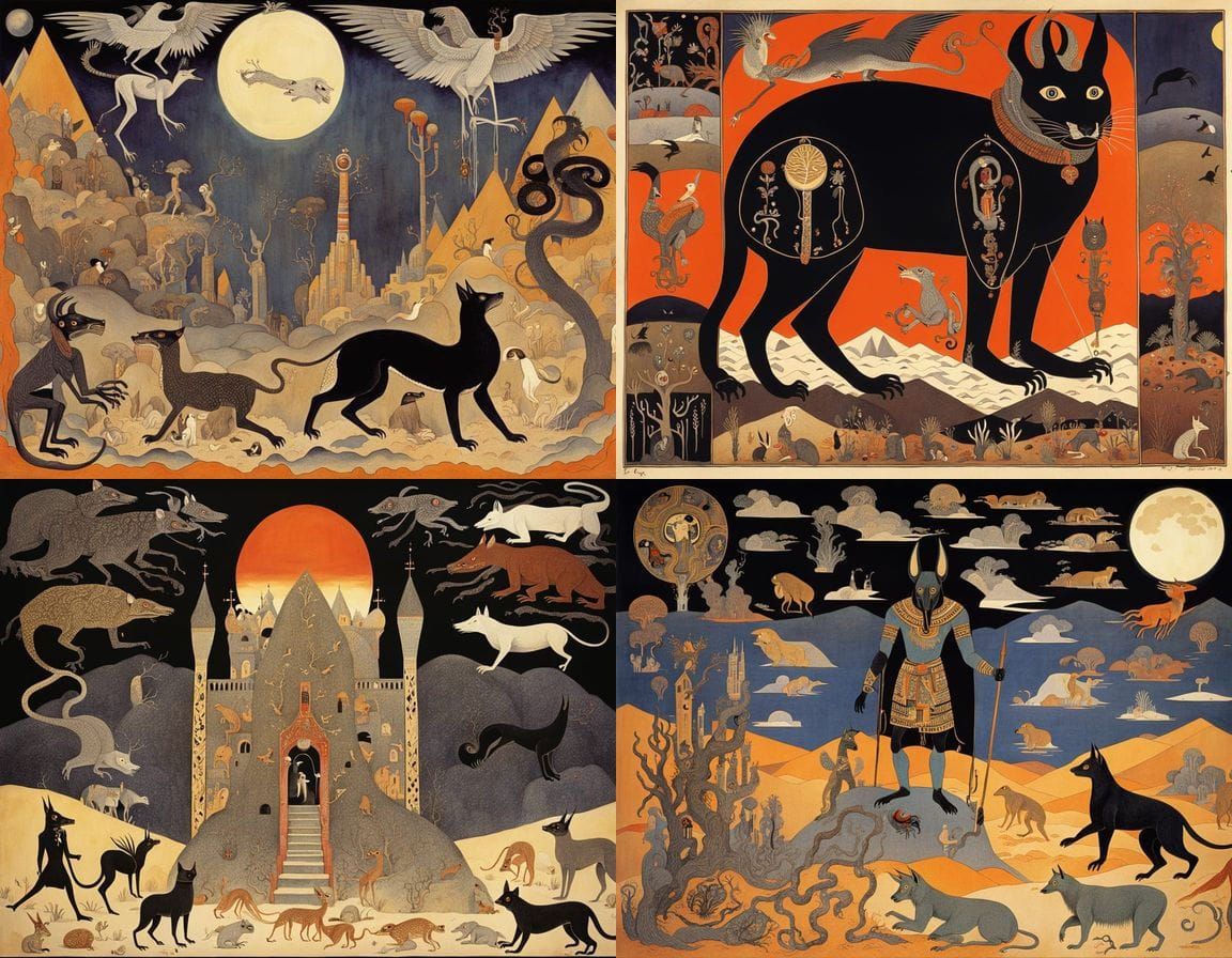 Surreal Anubis Hieroglyph Cat in Cyberpunk Aesthetic